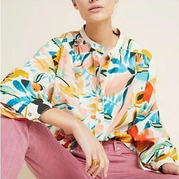 Anthropologie Tops - Anthropologie Floral Button Down Shirt Relaxed Fit Long Sleeve Tropical Boho S